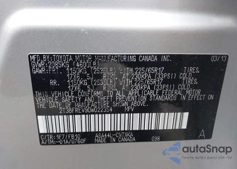 2013 Toyota Rav4 Le z USA, uszkodzony, nr VIN 2T3BFREV9DW022354